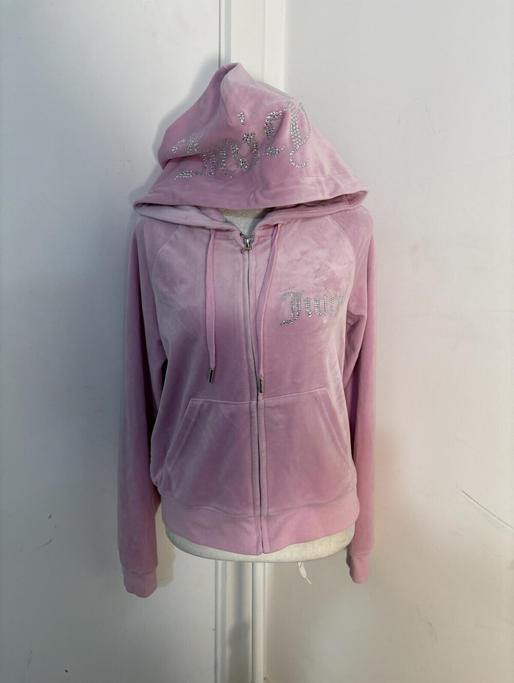 Y2K Juicy Couture Velour Hoodie Pink Rhinestone Bling Gothic Logo Medium Great